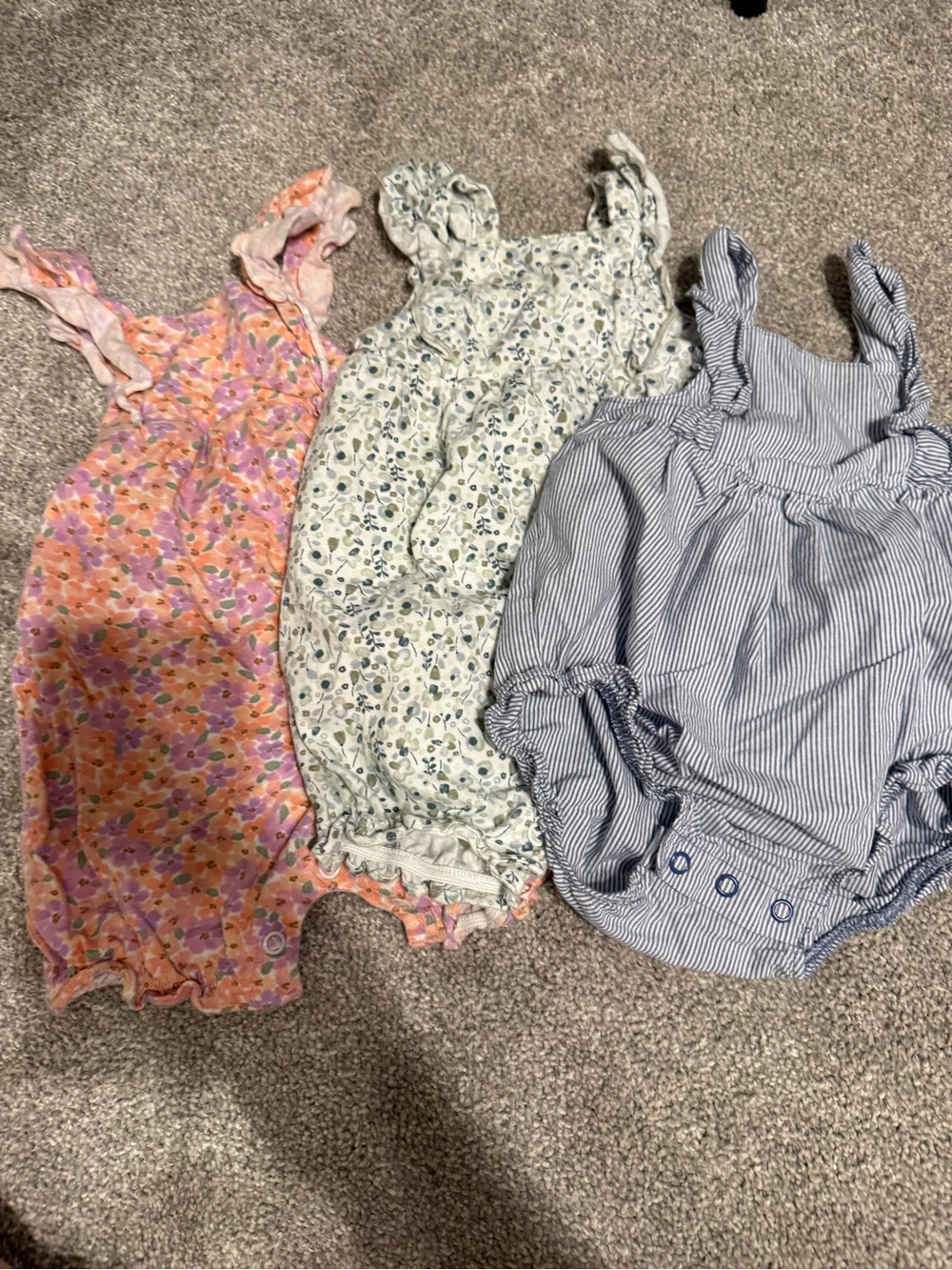 Three Baby Rompers - Pink Floral, Cream Floral, Blue Stripe with 2 Floral sets